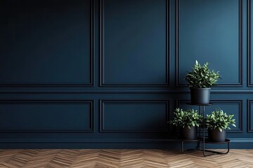 Interior with Navy Wall Panels, Parquet Floor, and Black Metal Shelves Displaying Plants