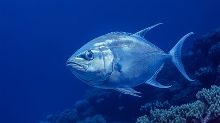 Fototapeta premium Oceanic Wonder: A majestic fish, its shimmering scales reflecting the ethereal blue of the deep sea, navigates the vibrant coral reef, a symbol of the ocean's untold beauty.