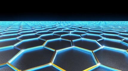 Naklejka premium Futuristic Hexagonal Grid Pattern with Glowing Blue Light and Dark Background in 3D Perspective