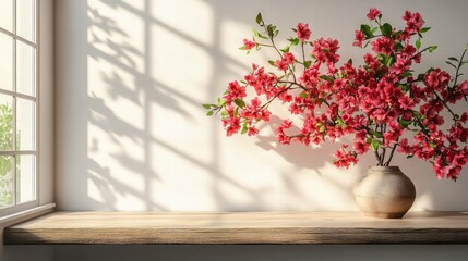 Soft sunlight casts shadows on a wooden shelf with pink blossoms.