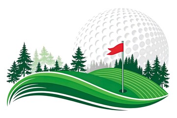 Golf course landscape with flag, green hills, pine trees and large golf ball illustration in the background
