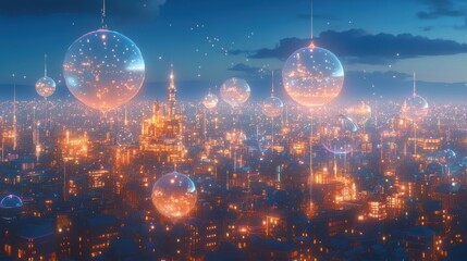 Fototapeta premium Aerial view of a luminous futuristic city of floating orbs and illuminated structures