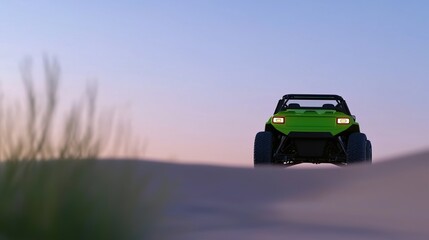 Lime green off-road vehicle on sandy terrain.