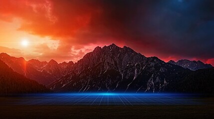 Dramatic mountain range at sunset with digital grid.