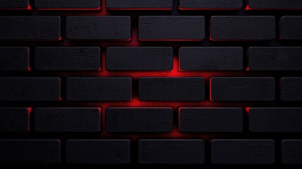 Fototapeta premium A dark brick wall with glowing red light shining through the gaps between the bricks.