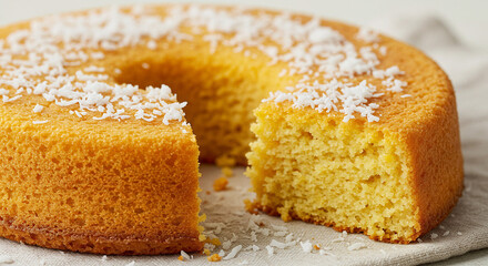 Delicious homemade coconut cake recipe with ring shape and slice cut out for dessert lovers to enjoy