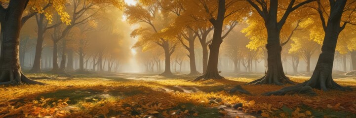 Fototapeta premium Emerald canopy, amber leaves carpet, sunlit clearing, photography, detail, light