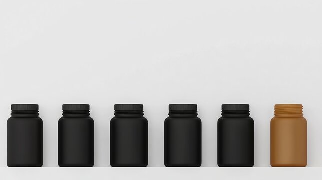 Six bottles are lined up on a shelf; five are black with closed lids, and the last one is brown with its lid removed.