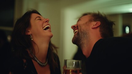 Joyful Laughter: Two individuals share an uproarious moment of laughter, radiating pure joy and genuine connection. Their faces, lit by warm, inviting light, capture a candid expression of happiness.