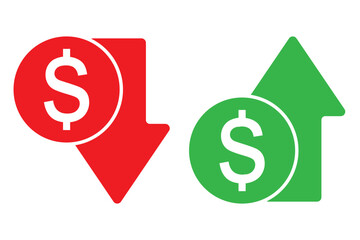 Fototapeta premium Cost reduction, Cost rising. Cost increase. Price reduced, discount icon. Financial concept. Sign up and down price. Costs cutting and efficiency concept vector design and illustration.
