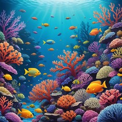 Vibrant underwater ecosystem teeming with life and diverse coral formations