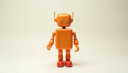 Vintage orange toy robot with antenna, red shoes, retro technology concept
