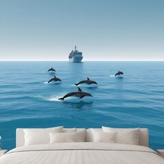 Serene seascape featuring dolphins leaping playfully near a distant cruise ship