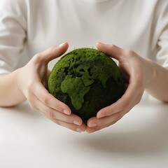 Sustainable Earth: Hands gently cradling a green world depicting environmental care