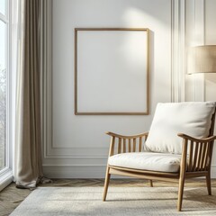 Empty frame on wall in a cozy room with a chair.