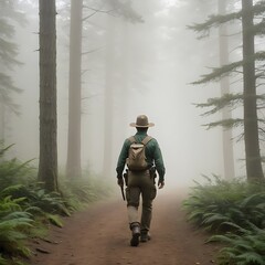 Solitary trek through ethereal woodland atmosphere evoking a sense of tranquility
