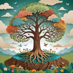 Enchanting arbor: A whimsically rendered tree in vibrant seasonal hues