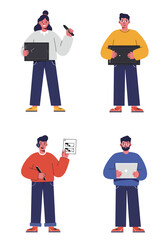 A set of 4 flat design animator characters in a clean, minimal style. Each holds animation tools, with diverse looks and a white background.