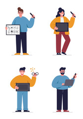 A set of 4 flat design animator characters in a clean, minimal style. Each holds animation tools, with diverse looks and a white background.