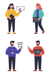 A set of 4 flat design animator characters in a clean, minimal style. Each holds animation tools, with diverse looks and a white background.