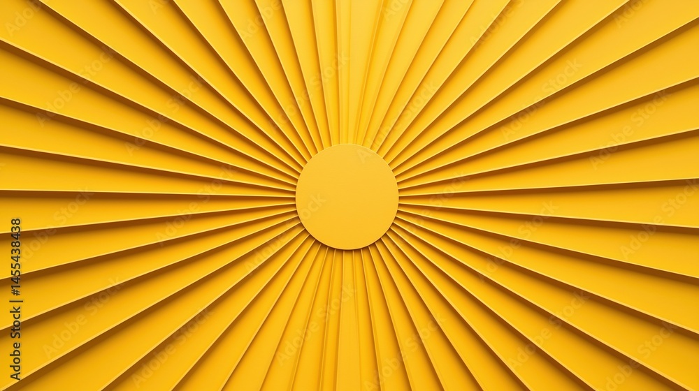 Poster yellow radial lines extend from a central circle, creating a vibrant, sunburst-inspired abstract geo