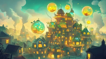Obraz premium Enchanted Cityscape with Floating Globes Vivid Fantasy Architecture