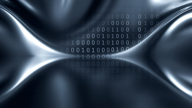 Futuristic Digital Technology Background with Abstract Metallic Pattern and Binary Code Wave Motion