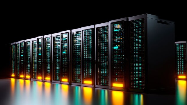 Rows of High-Performance Data Servers in a Modern Datacenter with Illuminated Components and Network Design