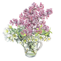 Watercolor bouquet branches with apple blossoms and lilac in vase isolated on white background. Spring aromatic flowers. Lush foliage for celebration. Clipart for wedding invite or 8 March. Wrapping