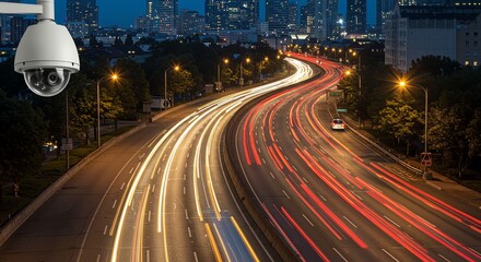 Fototapeta premium Surveillance Camera Monitors Vehicle Traffic on Highway at Night