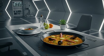 Delicious seafood paella dish served in futuristic setting modern dining room table 3d meal rice herb
