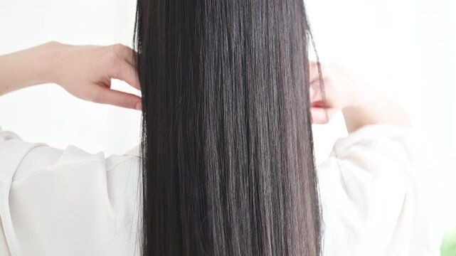 艶のあるロングヘアの黒髪の女性の後ろ姿の顔無し　キューティクルな美しいストレートヘアの髪の毛　髪の毛を持ち上げて揺らす