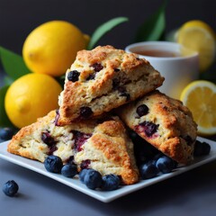 Delicious blueberry scones with lemon and tea.