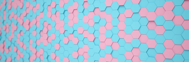 3d rendering of hexagons in blue and pink color - abstract background - wallpaper - backdrop.