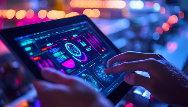 Hands using a digital music mixing tablet