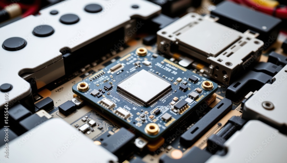 Poster close-up of a circuit board with electronic components and connectors.