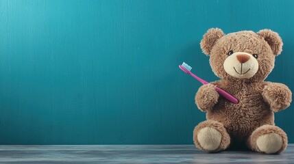 Soft toy bear holding a toothbrush.