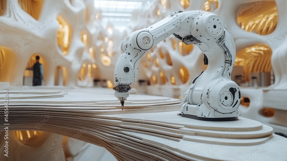 Poster robotic arm precision carving in a futuristic white architectural setting