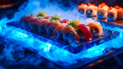 Colorful assorted sushi rolls served on glowing tray with dramatic smoke effect

