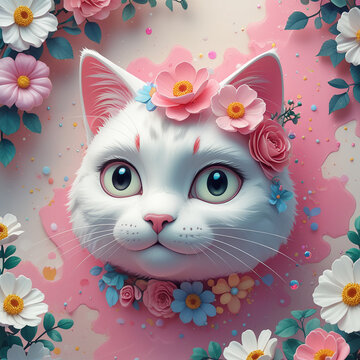 illustration of cute cat head wearing flower