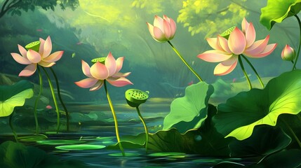 A blooming lotus pond with pink lotus flowers gracefully standing among lush green leaves, bathed in soft sunlight, creating a peaceful, refreshing atmosphere, symbolizing purity and tranquility.