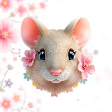 cute mouse head illustration wearing flowers