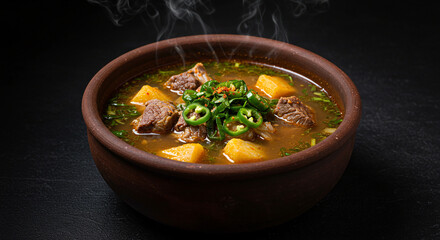 Delicious hot kharcho soup recipe in a bowl with beef potatoes and green chili peppers garnish dish