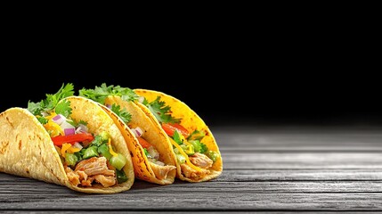 Three flavorful tacos on a rustic wooden surface.