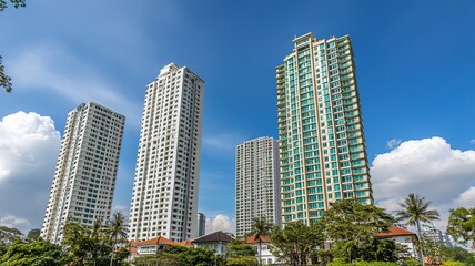 Dramatic low-angle perspective of glass skyscrapers against azure sky, contemporary urban architecture with geometric steel facades in expansive metropolis,