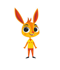Colorful cartoon character of a cheerful rabbit with bright orange fur and expressive eyes, standing in a friendly pose for a playful design concept