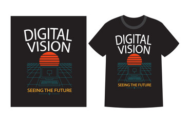 Retro Futuristic T-Shirt Design Digital Vision Concept with Computer and Sunset. Seeing the Future Graphic Tee Digital Grid with Tech Elements in Neon Colors. 