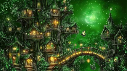 Obraz premium Enchanted Emerald Canopy Metropolis of Mystic Dwellings