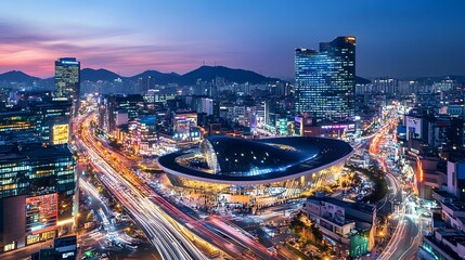 The modern architecture of Dongdaemun Design Plaza illuminated at night