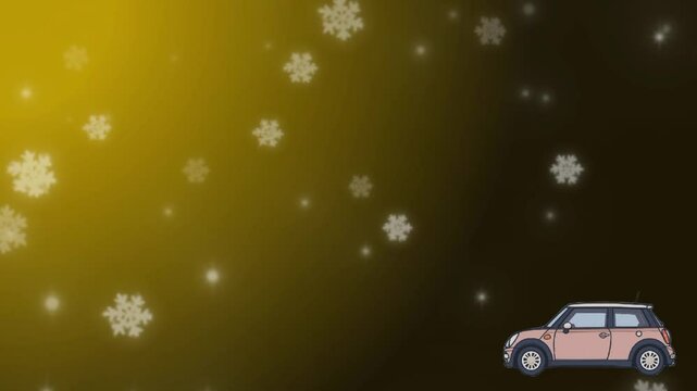 Two cars driving under the sky of falling snow drops on a black and yellow background, suitable for graphic design, social media, content